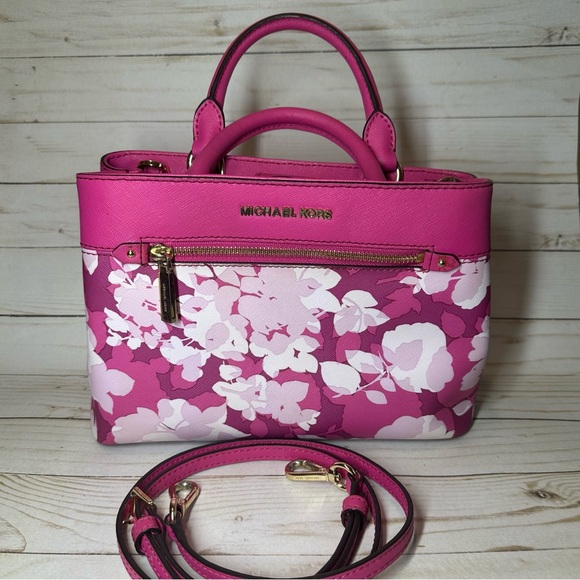 Michael Kors Pink and White Hailee Floral Satchel/Crossbody - Picture 1 of 9